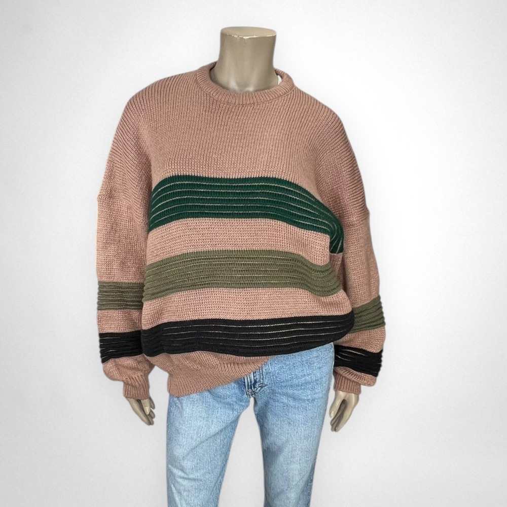 Vintage Oversized Tan Striped Sweater‎ L /XL Grandpa